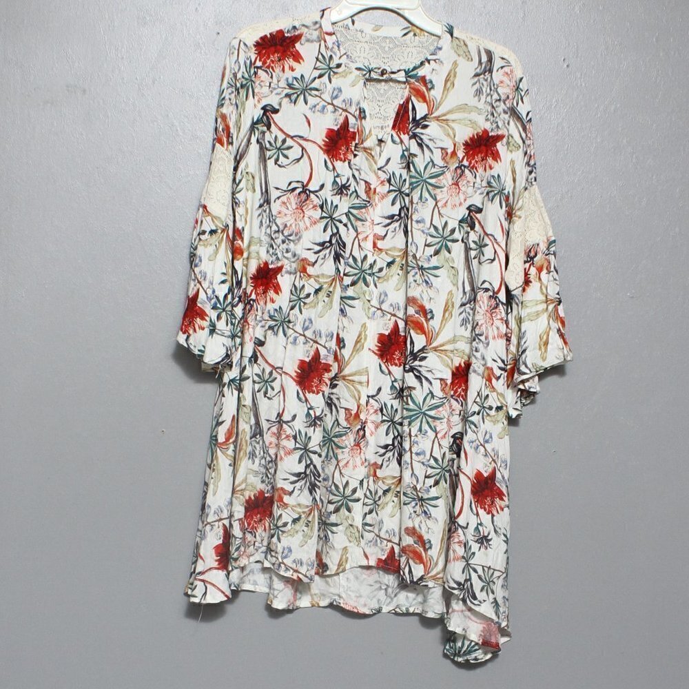 Umgee nwt cream red floral lace shoulder tunic dress